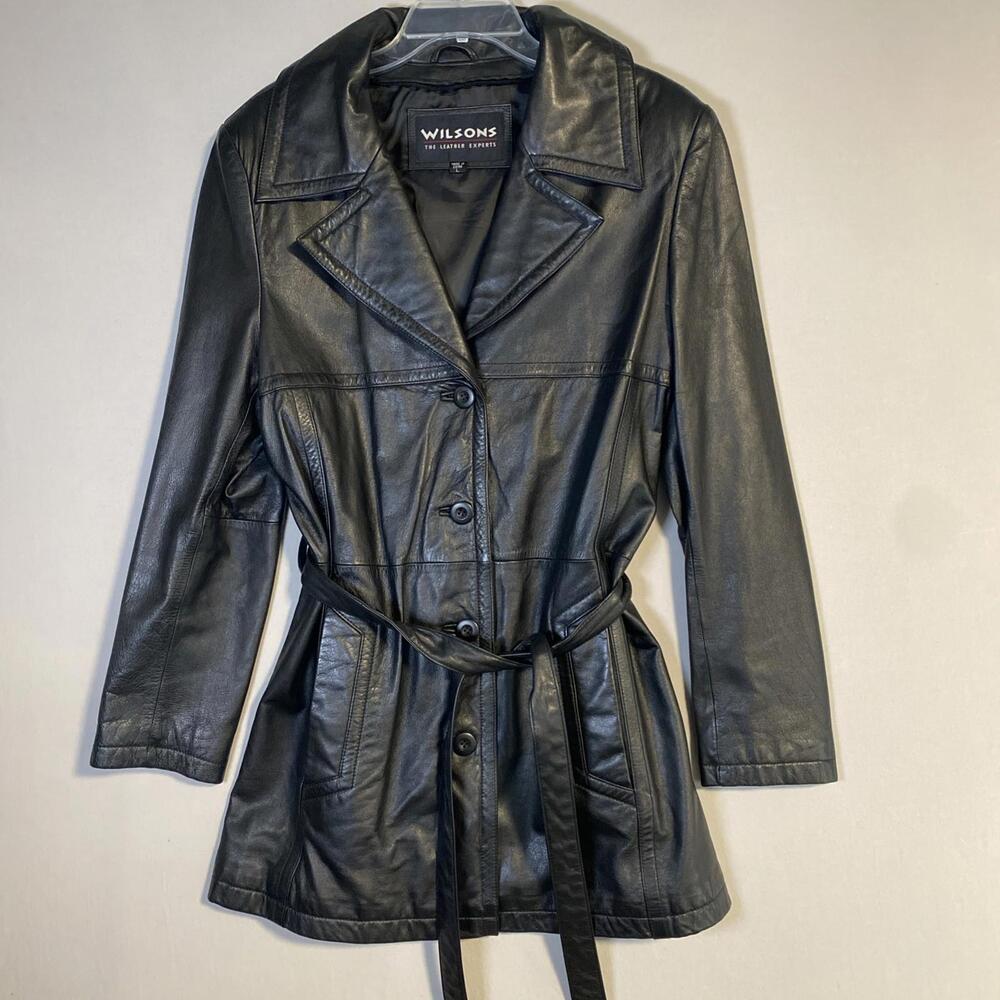 WILSON’S MID LENGTH WOMEN’S LEATHER TRENCHCOAT Large 4 Button & Belt